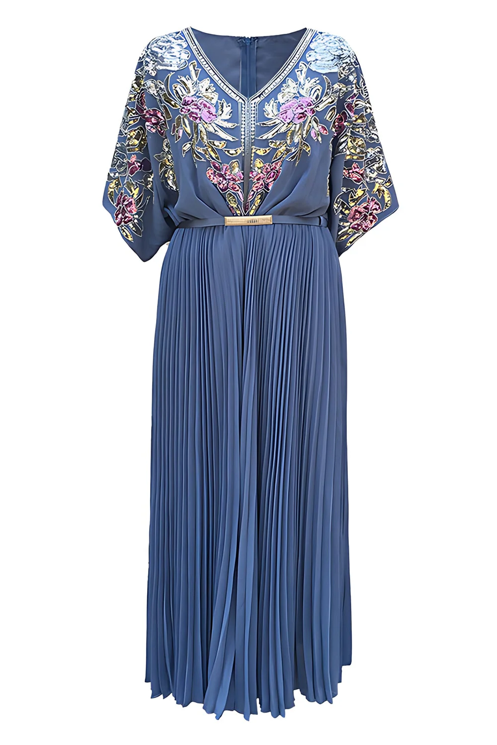 Robe années 20 noire à paillettes plissée en V avec ceinture - Image 5