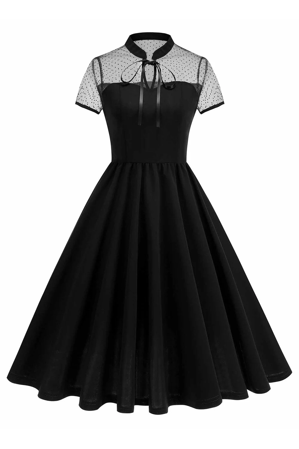 Robe des années 1950 à col haut à pois noirs à pois