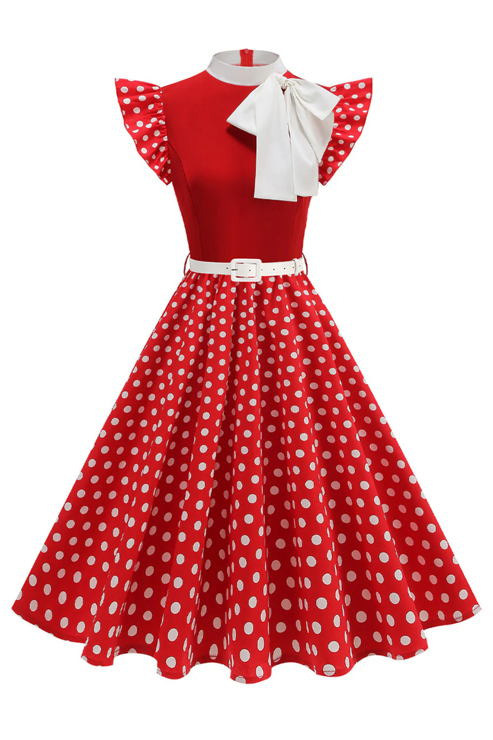 Robe des années 1950 à pois noirs à col montant A Line avec nœud - Image 3