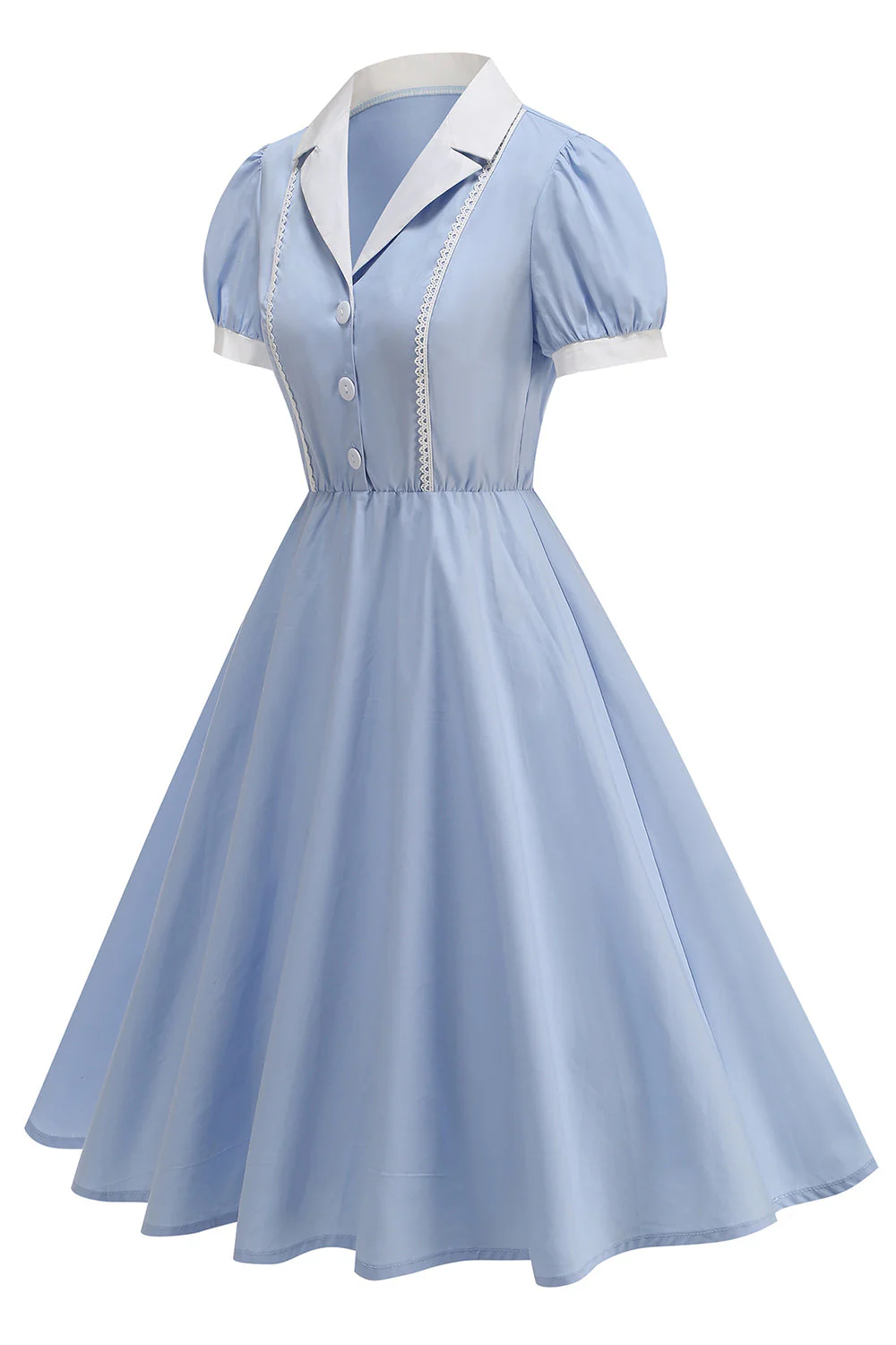 Robe des années 1950 bleue à revers cranté, ligne simple, boutonnage simple - Image 3