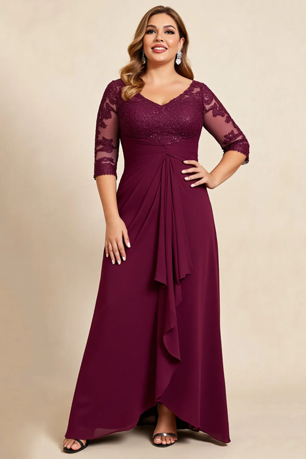 Robe en mousseline de soie à volants en dentelle à col en V bordeaux grande taille mère de la mariée