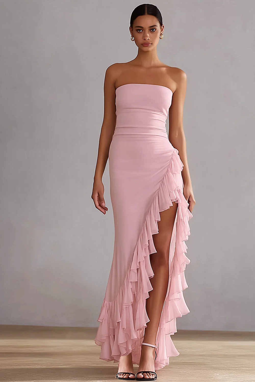 Robe en mousseline longue en mousseline rose, bustier sans bustier à volants et fente