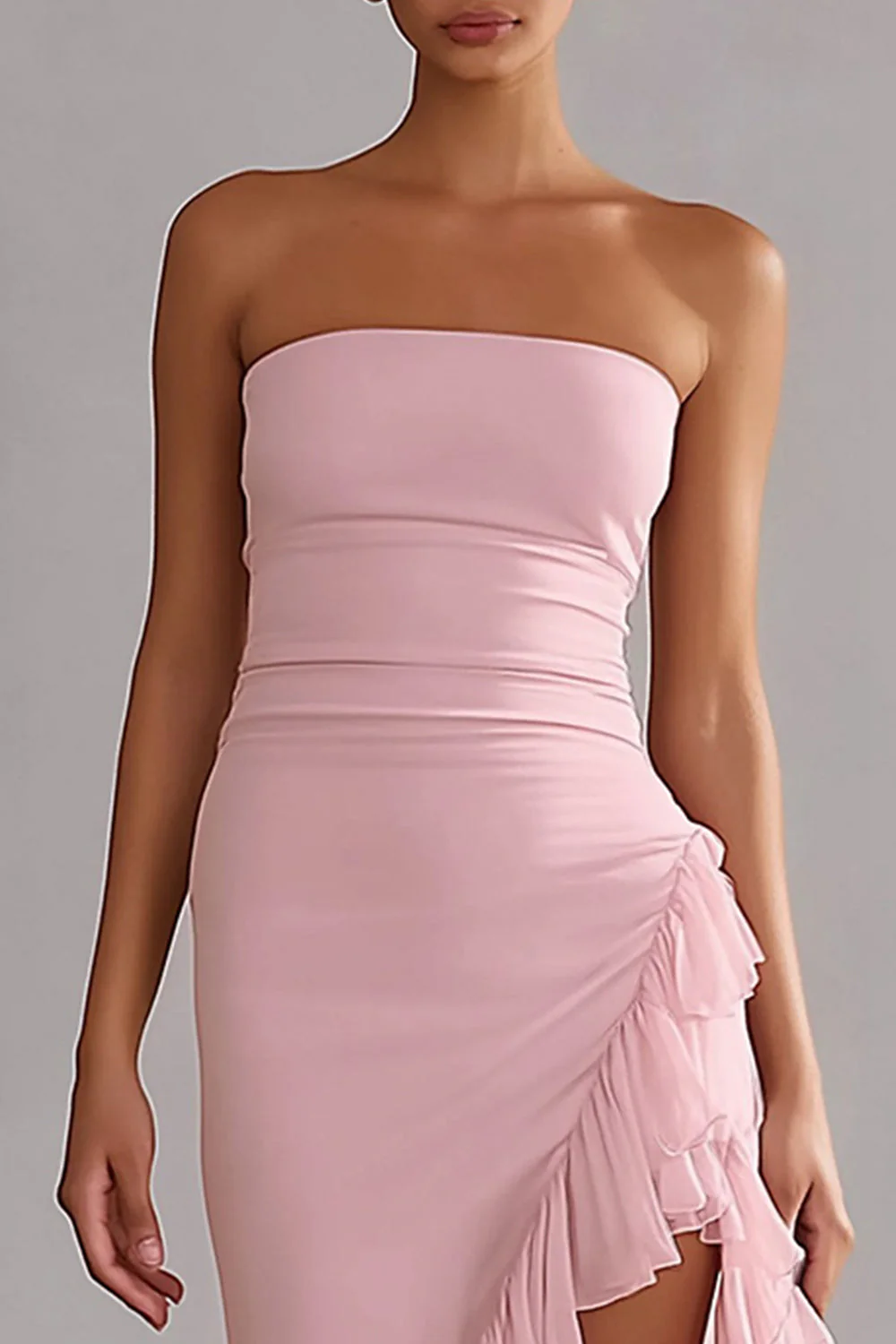 Robe en mousseline longue en mousseline rose, bustier sans bustier à volants et fente - Image 3