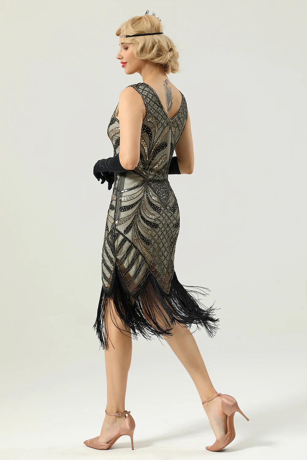 Robe Noire Moulante 1920s à Franges avec Or Paillettes - Image 8