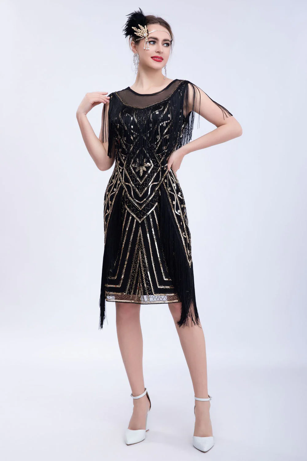 Robe Flapper Paillettes Paillettes Noires avec Franges - Image 3