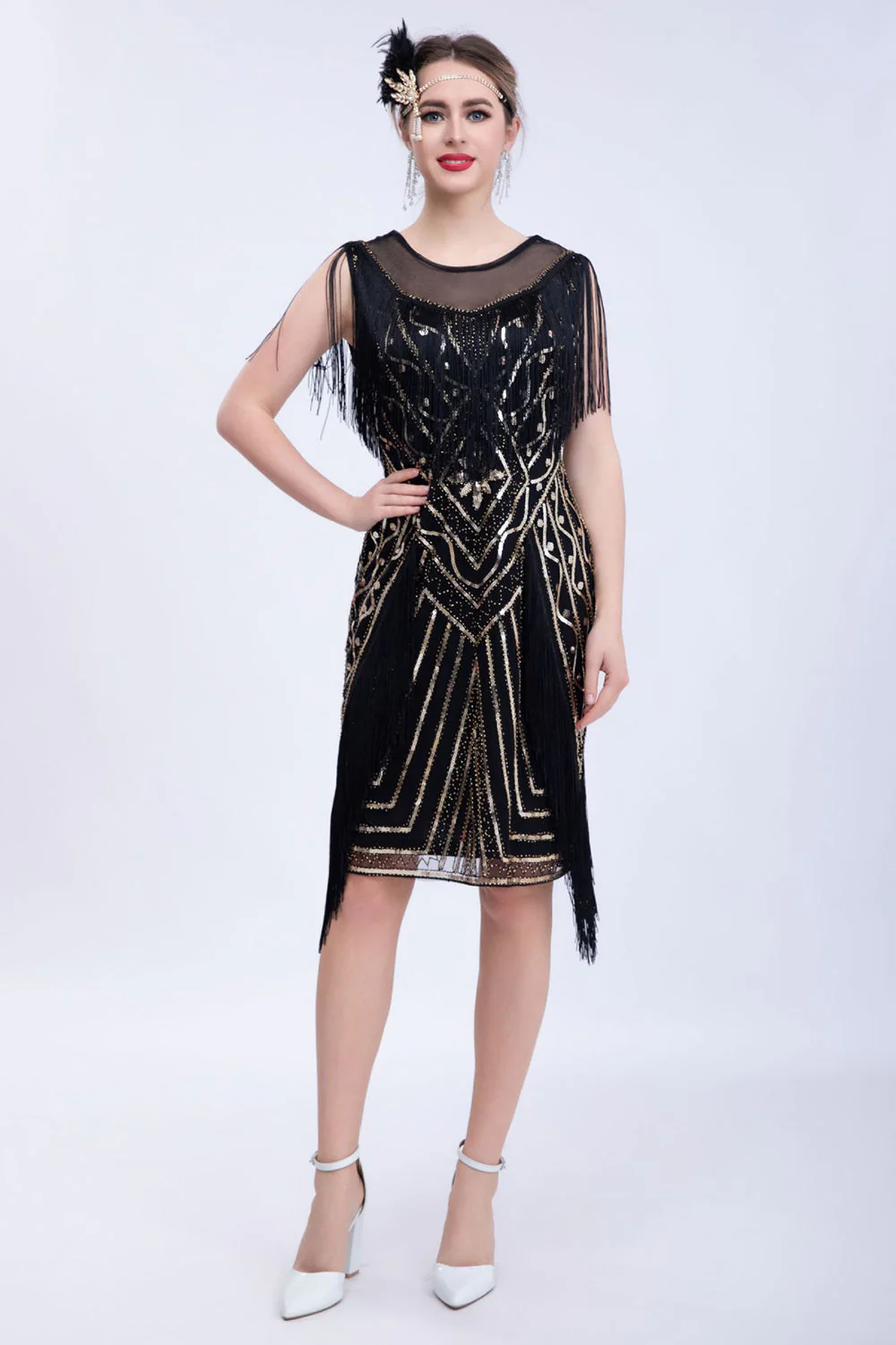 Robe Flapper Paillettes Paillettes Noires avec Franges - Image 4