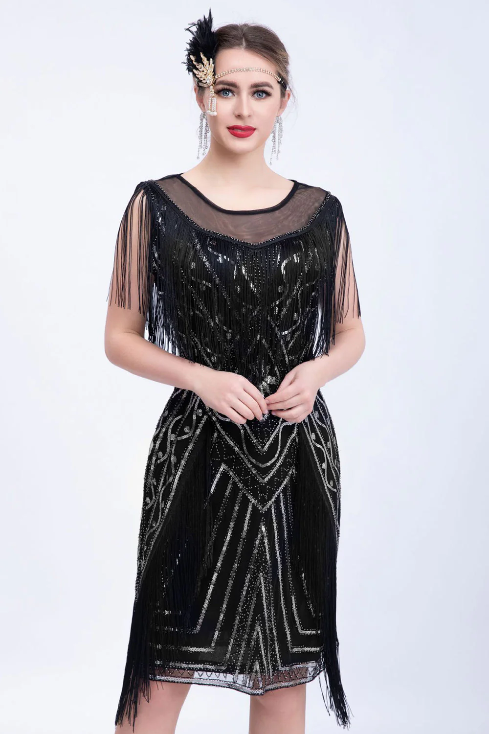 Robe Flapper Paillettes Paillettes Noires avec Franges - Image 8