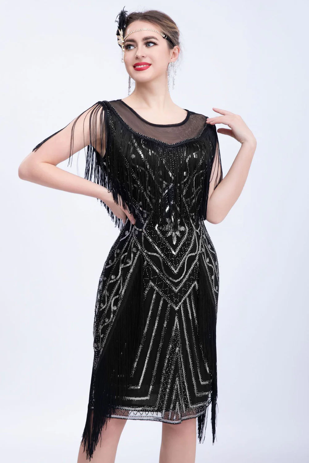Robe Flapper Paillettes Paillettes Noires avec Franges - Image 9
