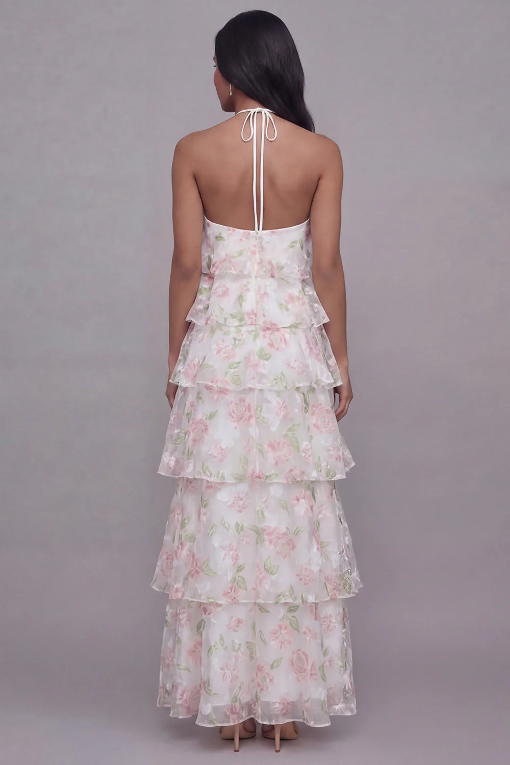 Robe fleur à motifs à étages à motifs à motifs à col nu blanc rose - Image 2