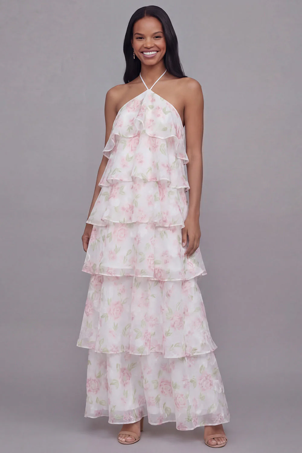 Robe fleur à motifs à étages à motifs à motifs à col nu blanc rose - Image 3