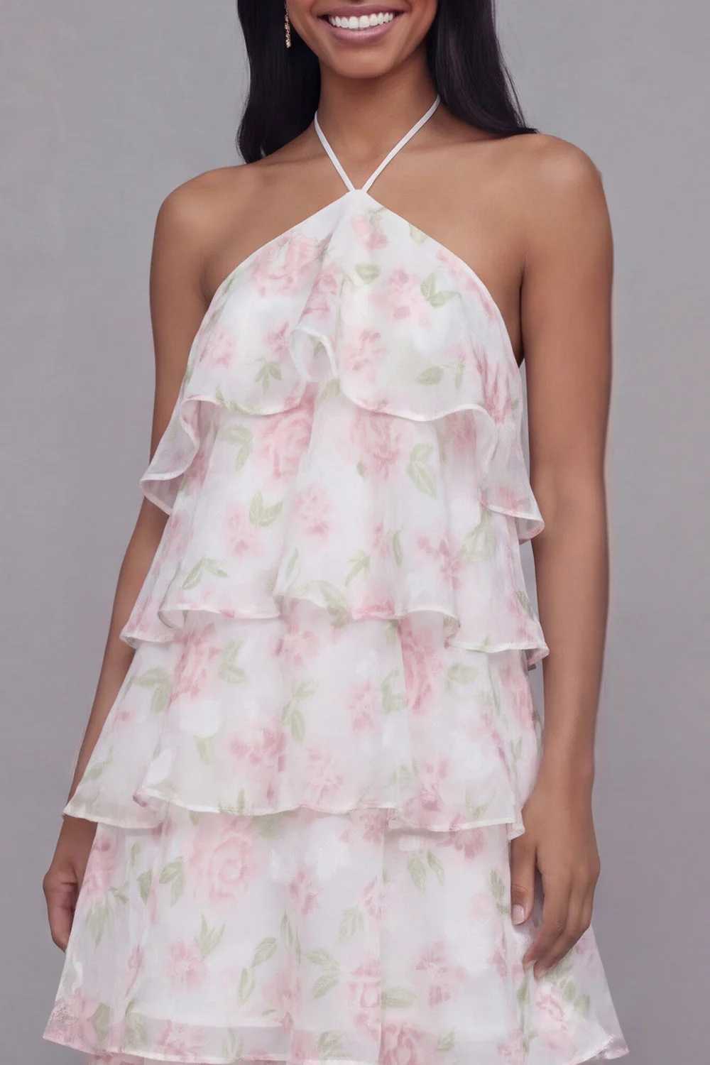 Robe fleur à motifs à étages à motifs à motifs à col nu blanc rose - Image 4