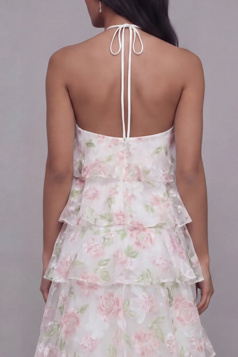 Robe fleur à motifs à étages à motifs à motifs à col nu blanc rose - Image 5