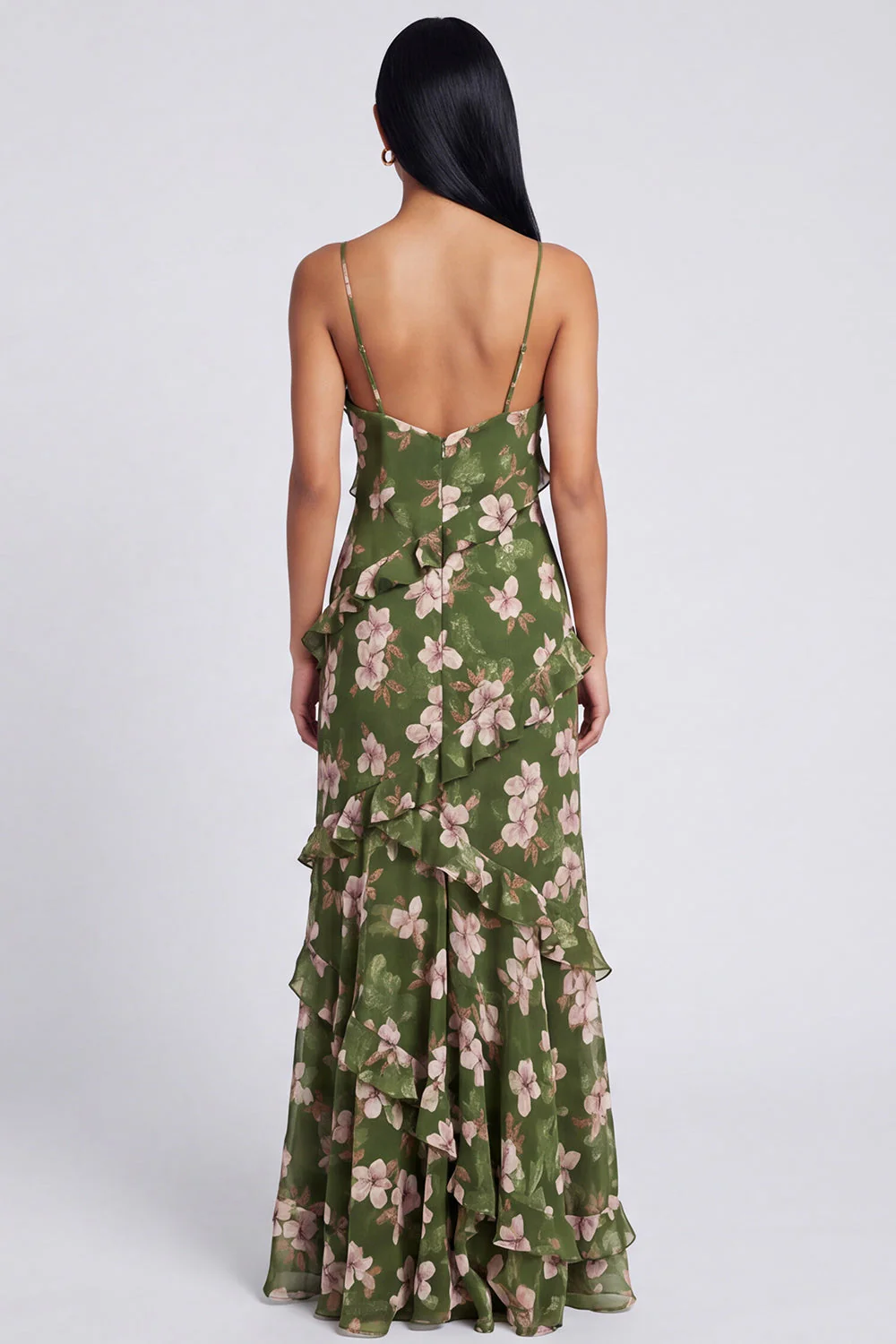 Robe fleurie à bretelles fines en sirène vert foncé à volants - Image 2