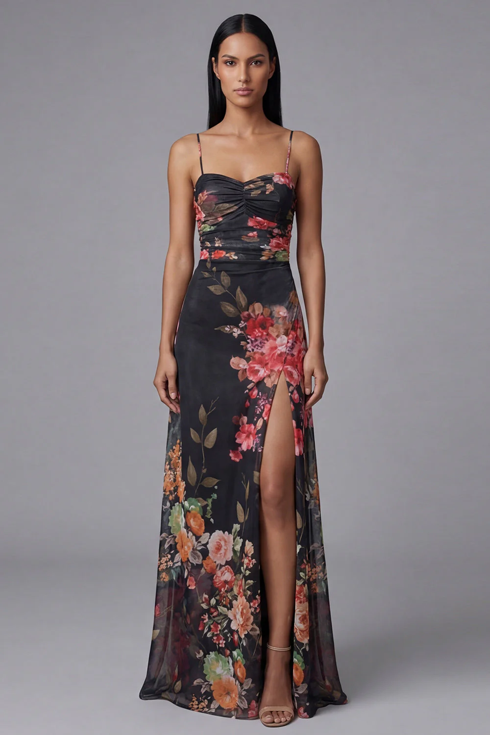 Robe fleurie à bretelles fines noires imprimées A Line