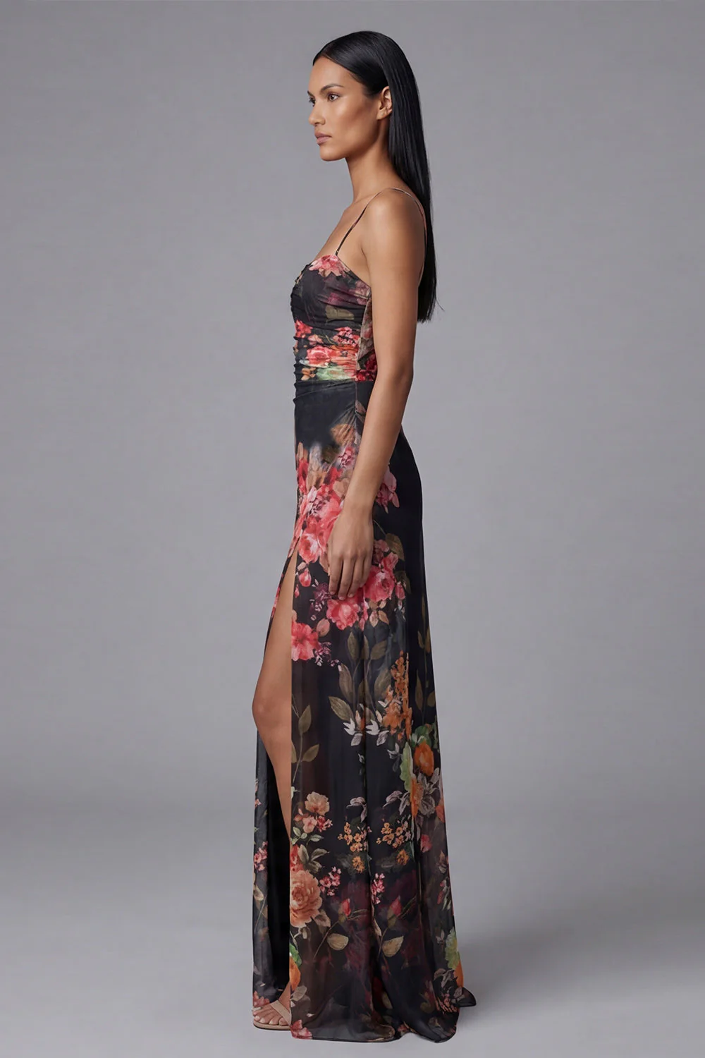 Robe fleurie à bretelles fines noires imprimées A Line - Image 2