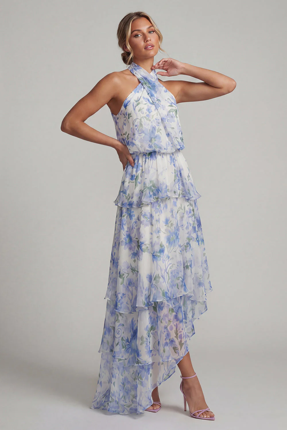 Robe fleurie à la ligne A avec des volants en ligne haute à dos dos - Image 3