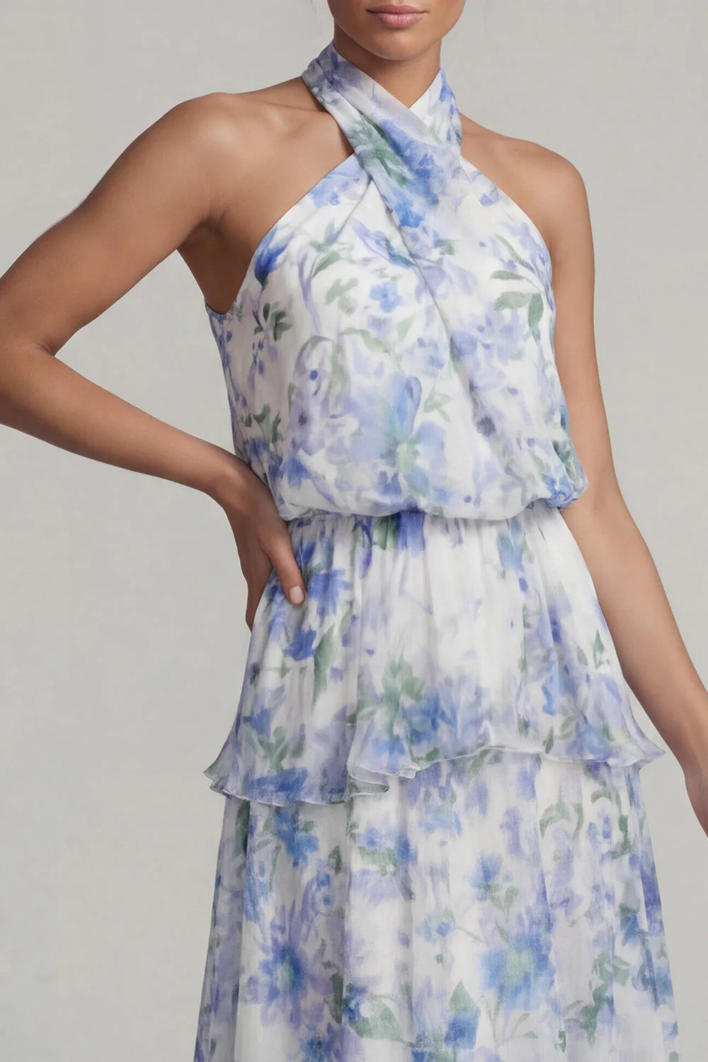 Robe fleurie à la ligne A avec des volants en ligne haute à dos dos - Image 4