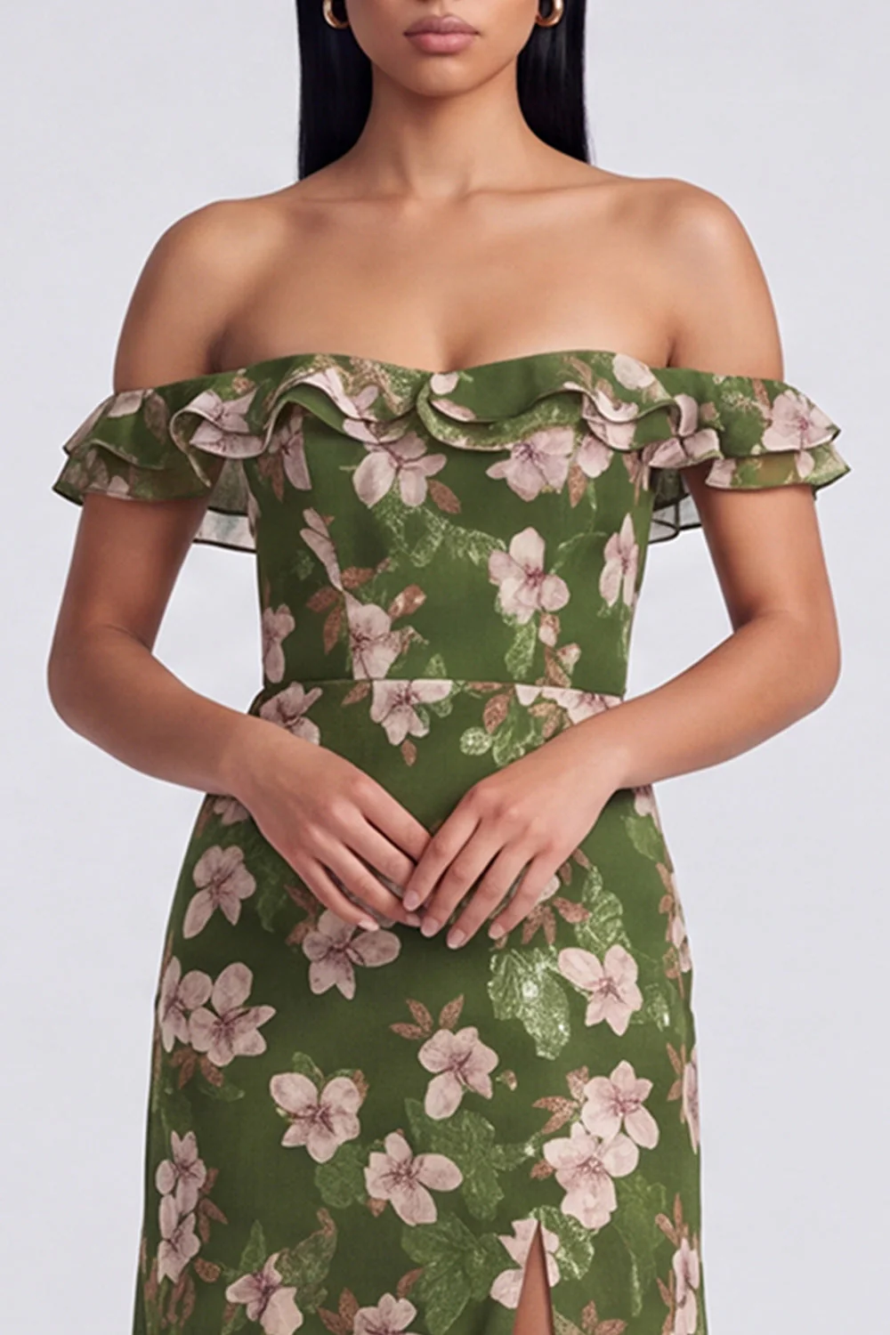 Robe fleurie à volants à volants vert foncé à épaules dénudés - Image 3