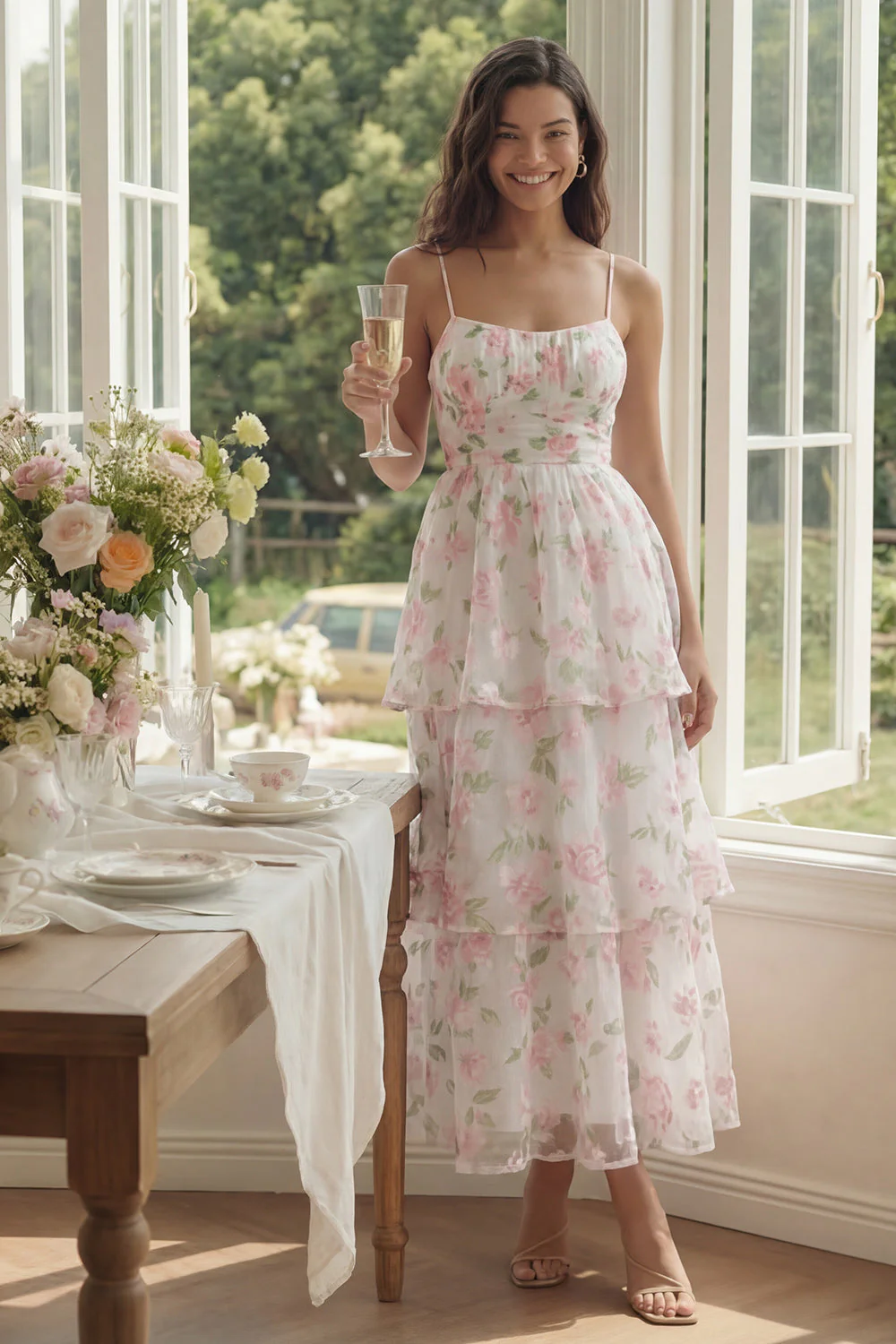 Robe fleurie blanche rose à étages à bretelles fines en ligne en A
