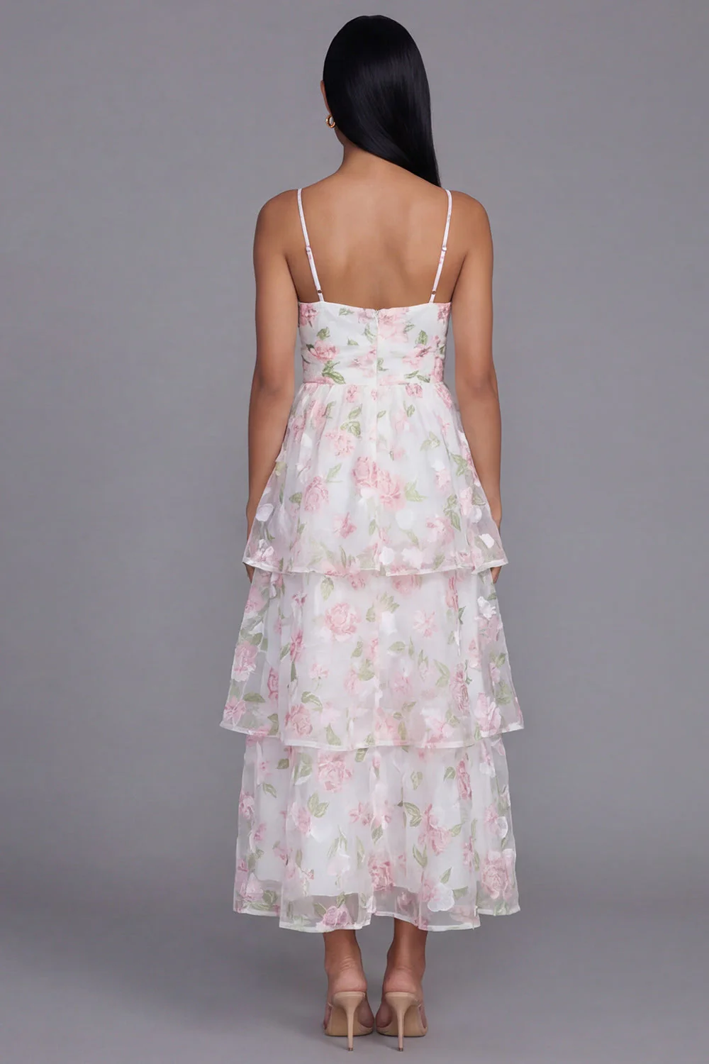 Robe fleurie blanche rose à étages à bretelles fines en ligne en A - Image 2