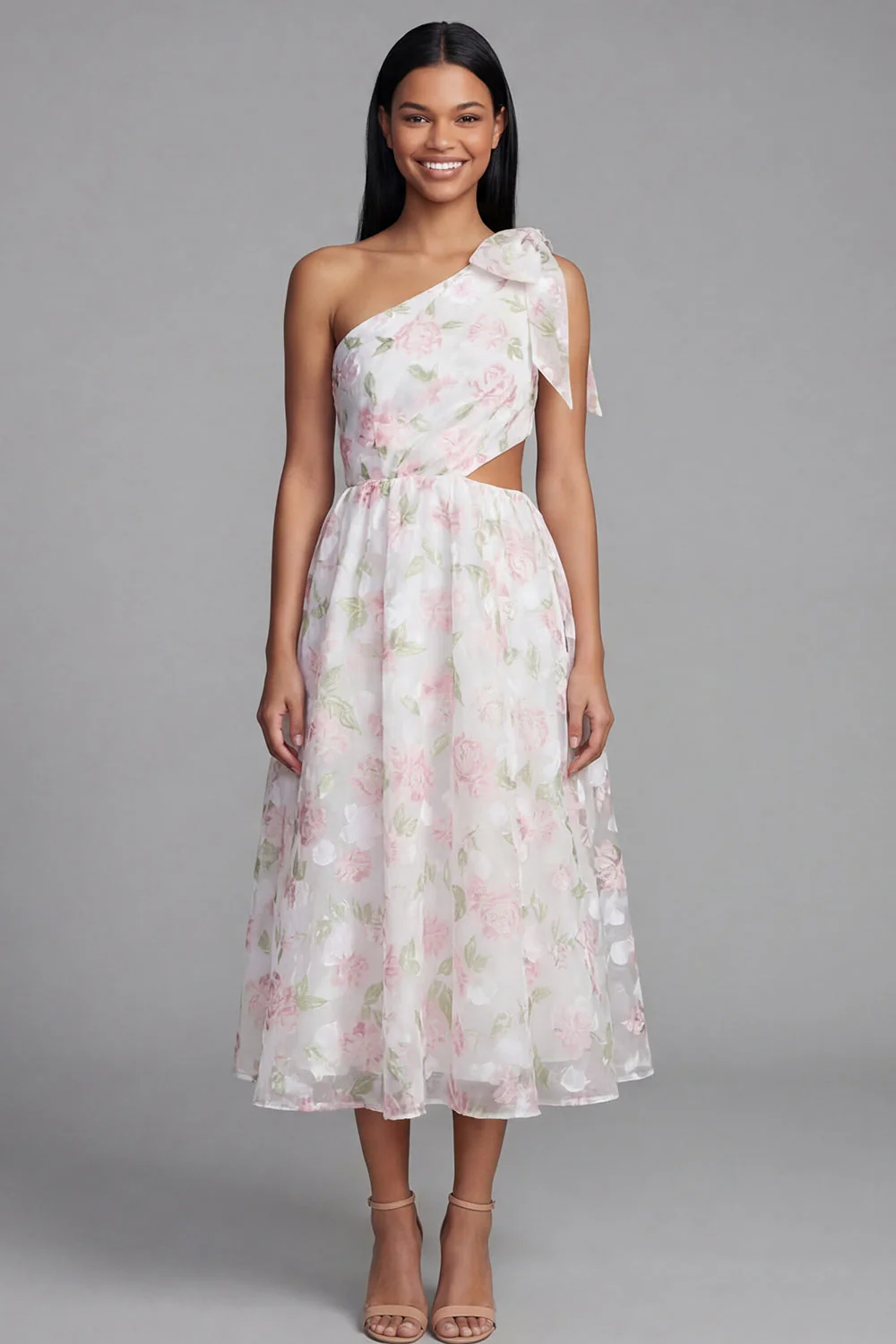 Robe fleurie blanche rose découpée en mousseline en A à une épaule avec un nœud - Image 3