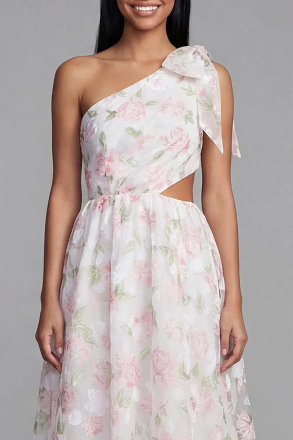 Robe fleurie blanche rose découpée en mousseline en A à une épaule avec un nœud - Image 4
