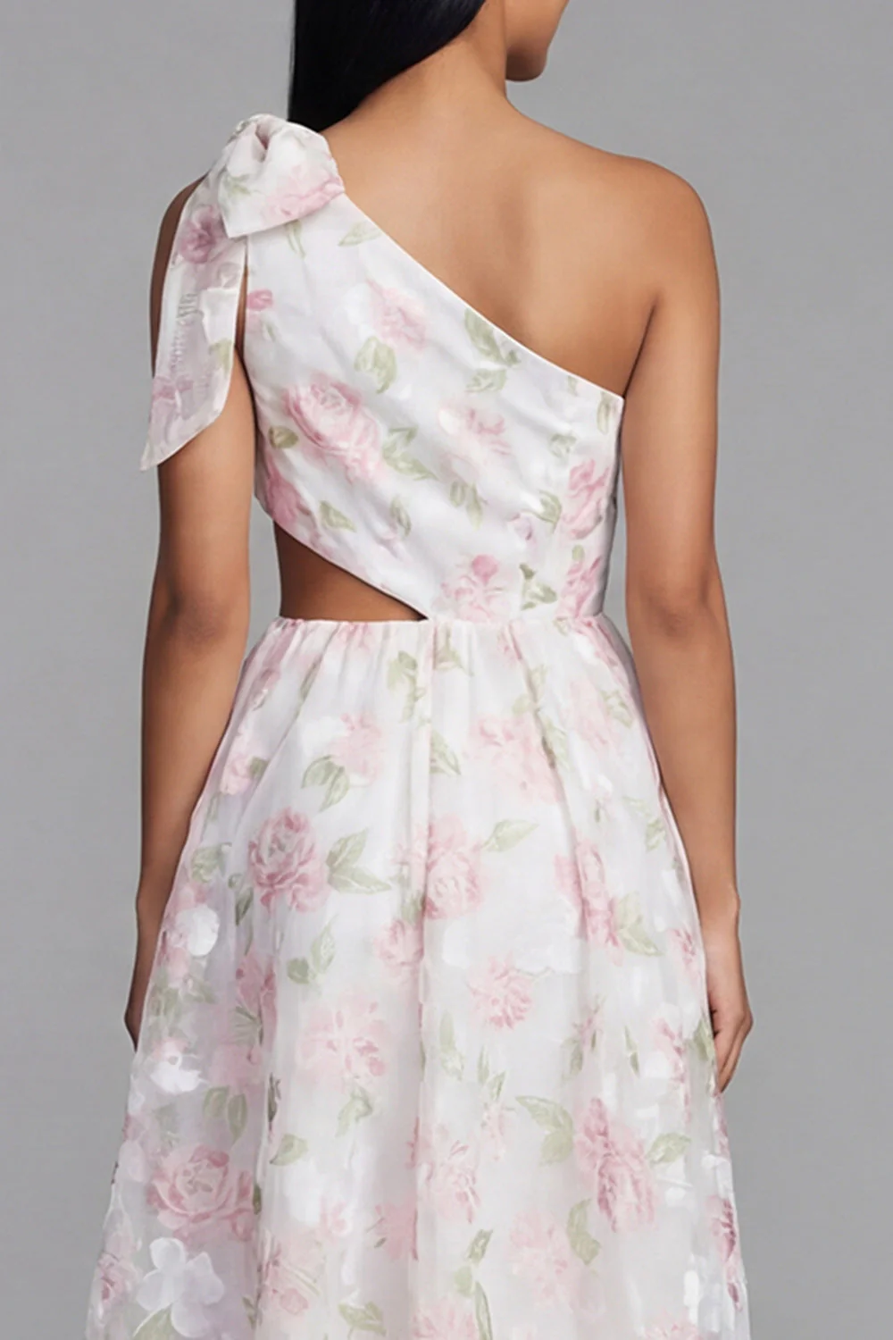 Robe fleurie blanche rose découpée en mousseline en A à une épaule avec un nœud - Image 5