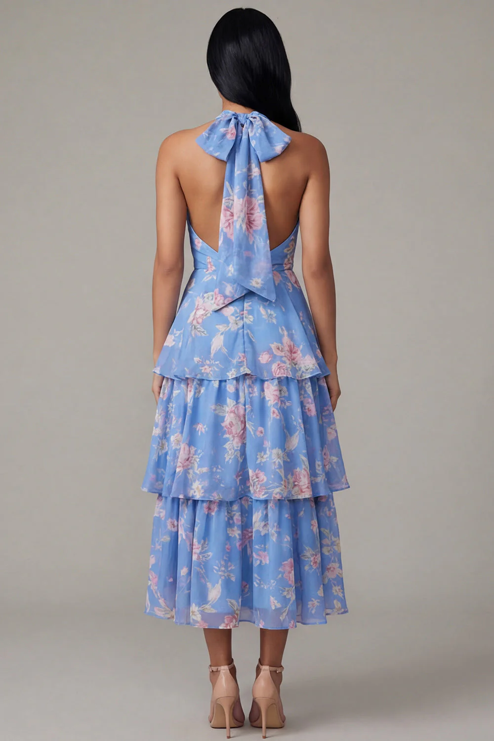 Robe fleurie en trajet rose chiffon bleu chiffon à col nu en A avec nœud - Image 2