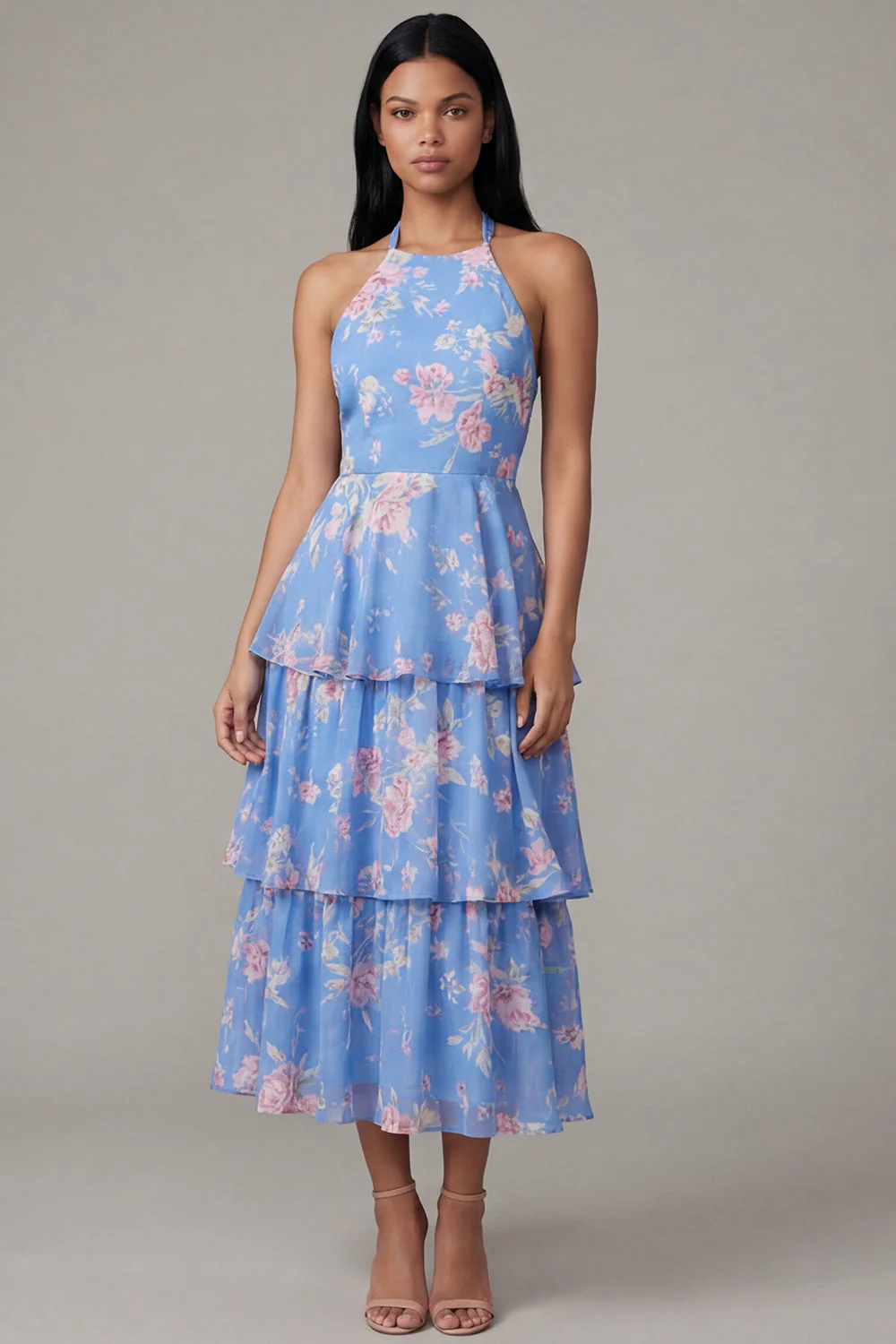 Robe fleurie en trajet rose chiffon bleu chiffon à col nu en A avec nœud - Image 3