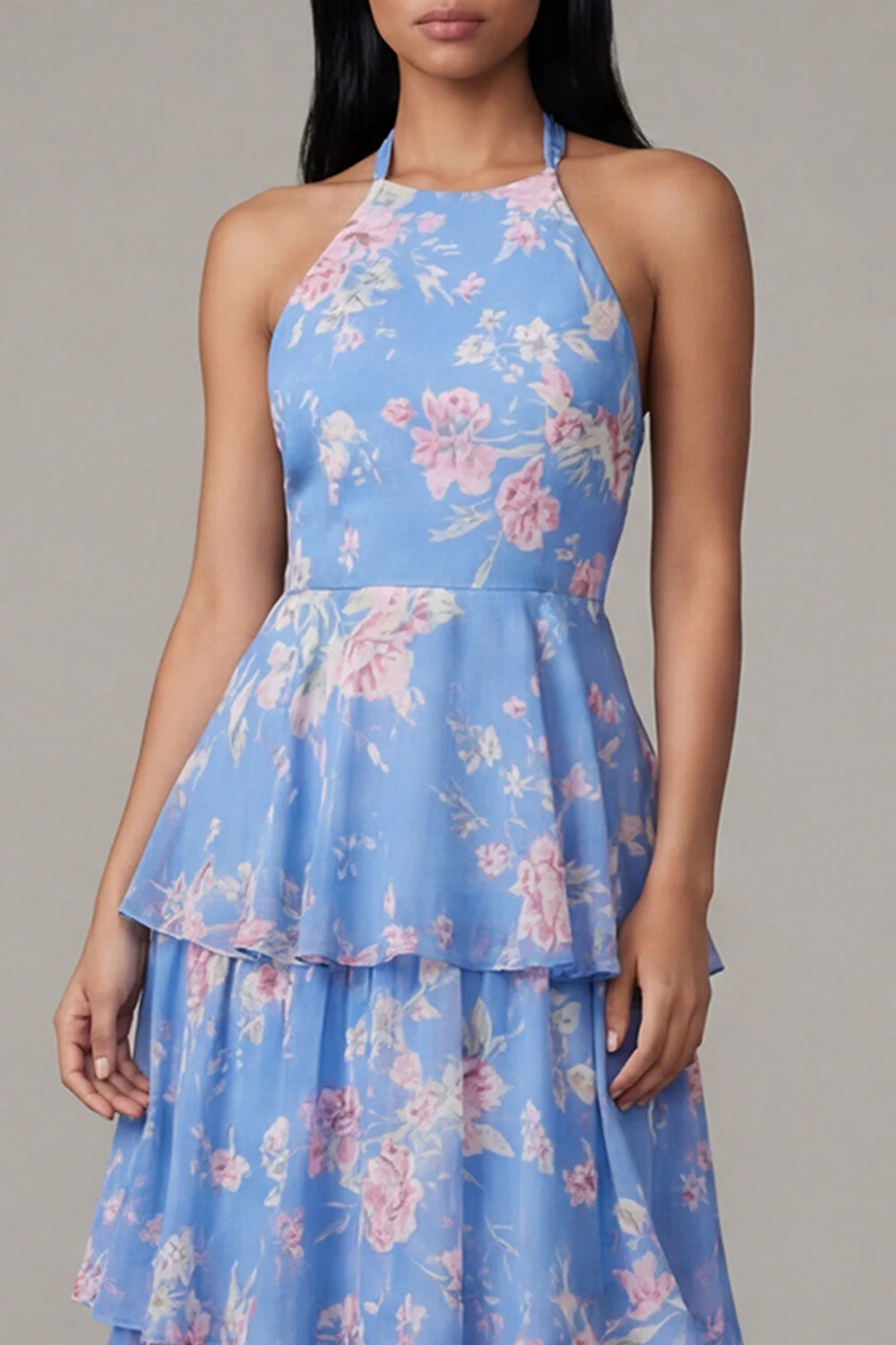 Robe fleurie en trajet rose chiffon bleu chiffon à col nu en A avec nœud - Image 4