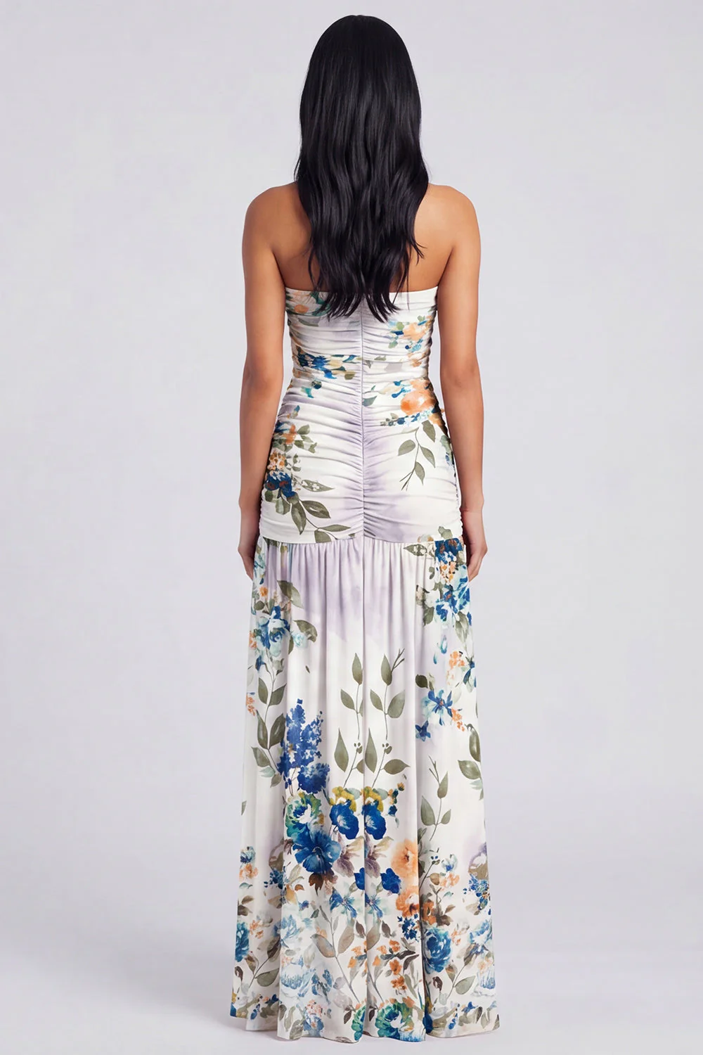 Robe fleurie ivoire sans bretelles avec fente - Image 2