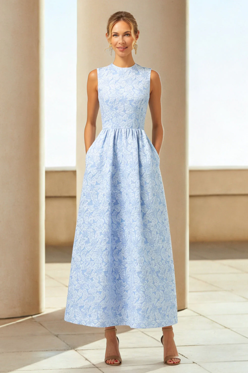 Robe d'invitée de mariage longue bleue ligne A jacquard fleuri avec poches