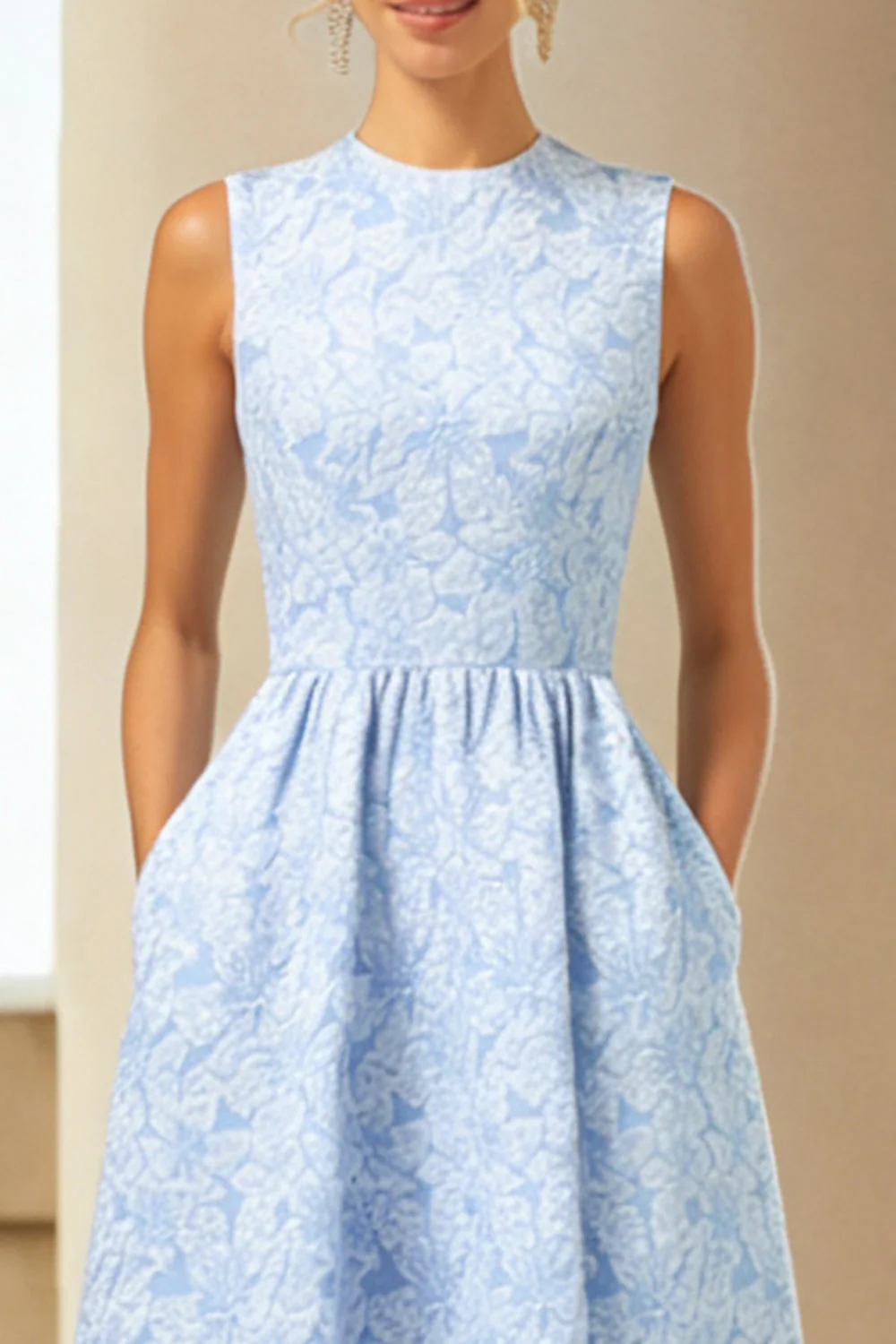 Robe d'invitée de mariage longue bleue ligne A jacquard fleuri avec poches - Image 3