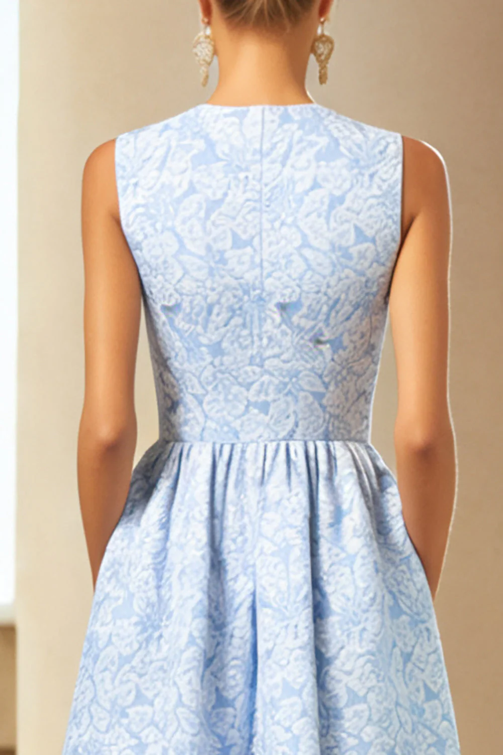 Robe d'invitée de mariage longue bleue ligne A jacquard fleuri avec poches - Image 4
