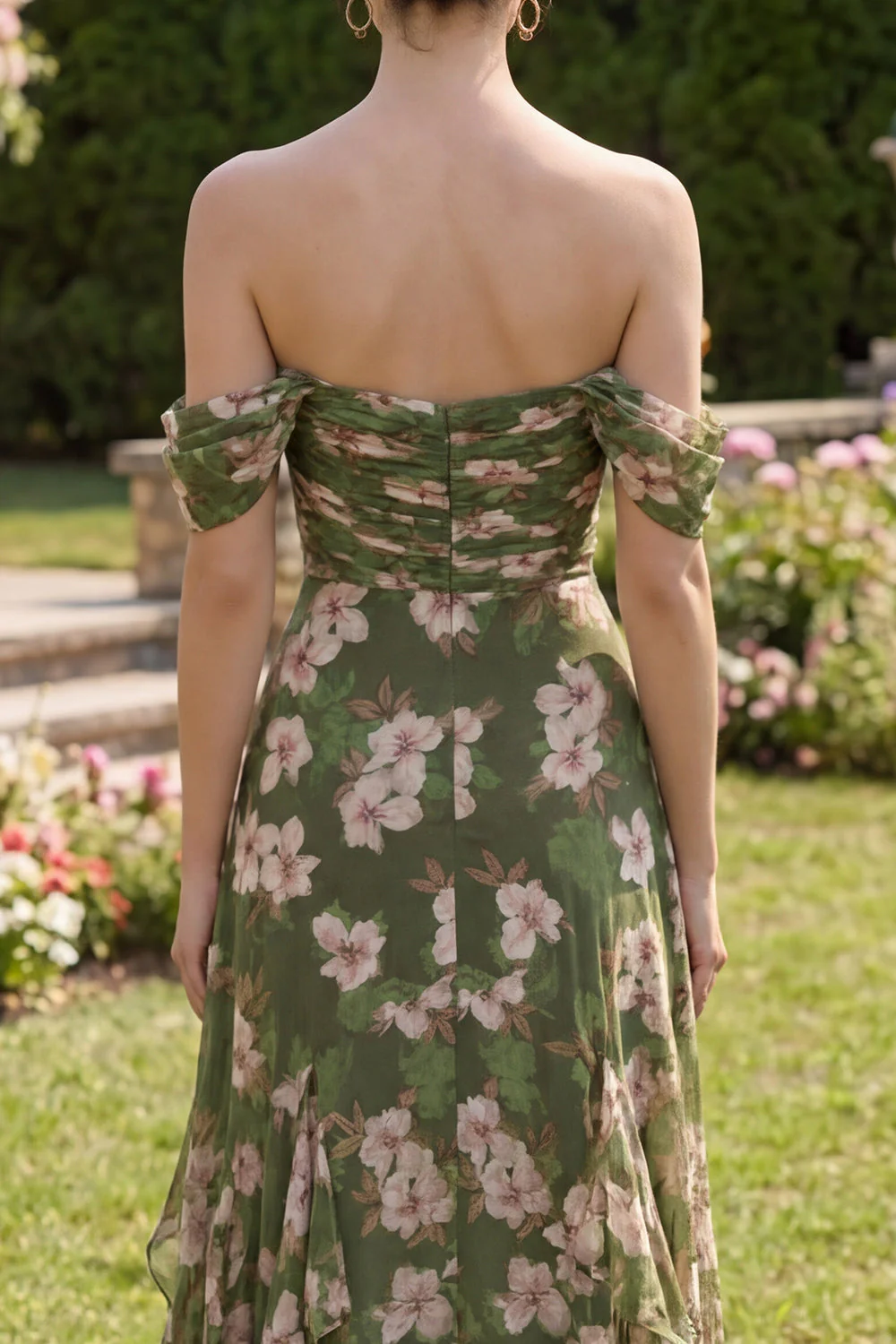 Robe fleurie Maxi A Line vert foncé avec volants - Image 4