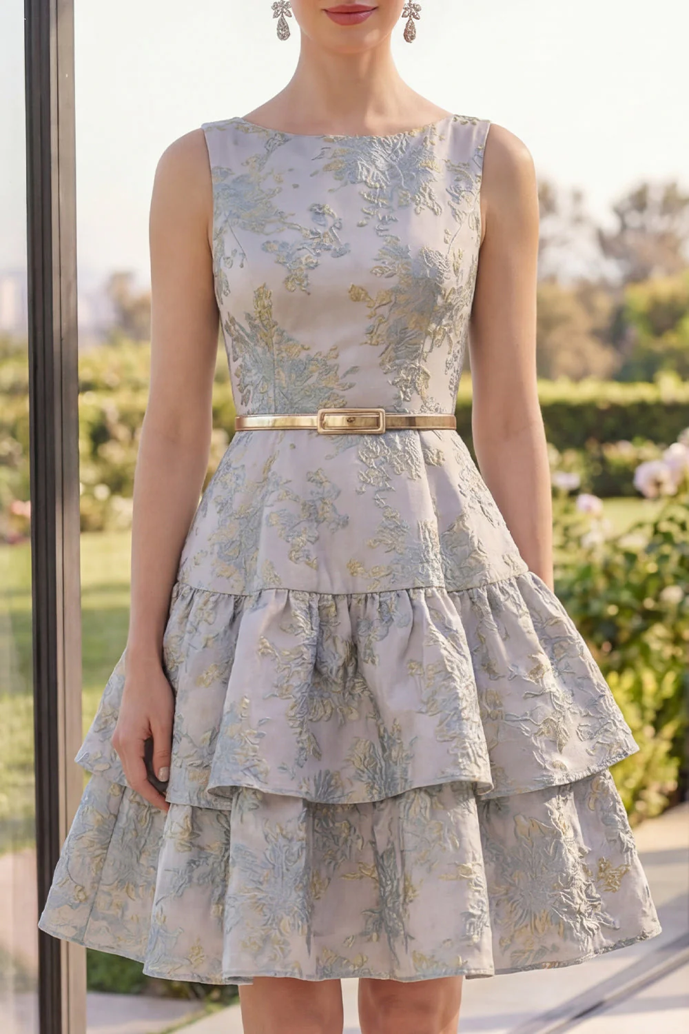 Robe fleurie midi Jacquard midi à décolleté A Bleu poussiéreux A Line avec ceinture - Image 3