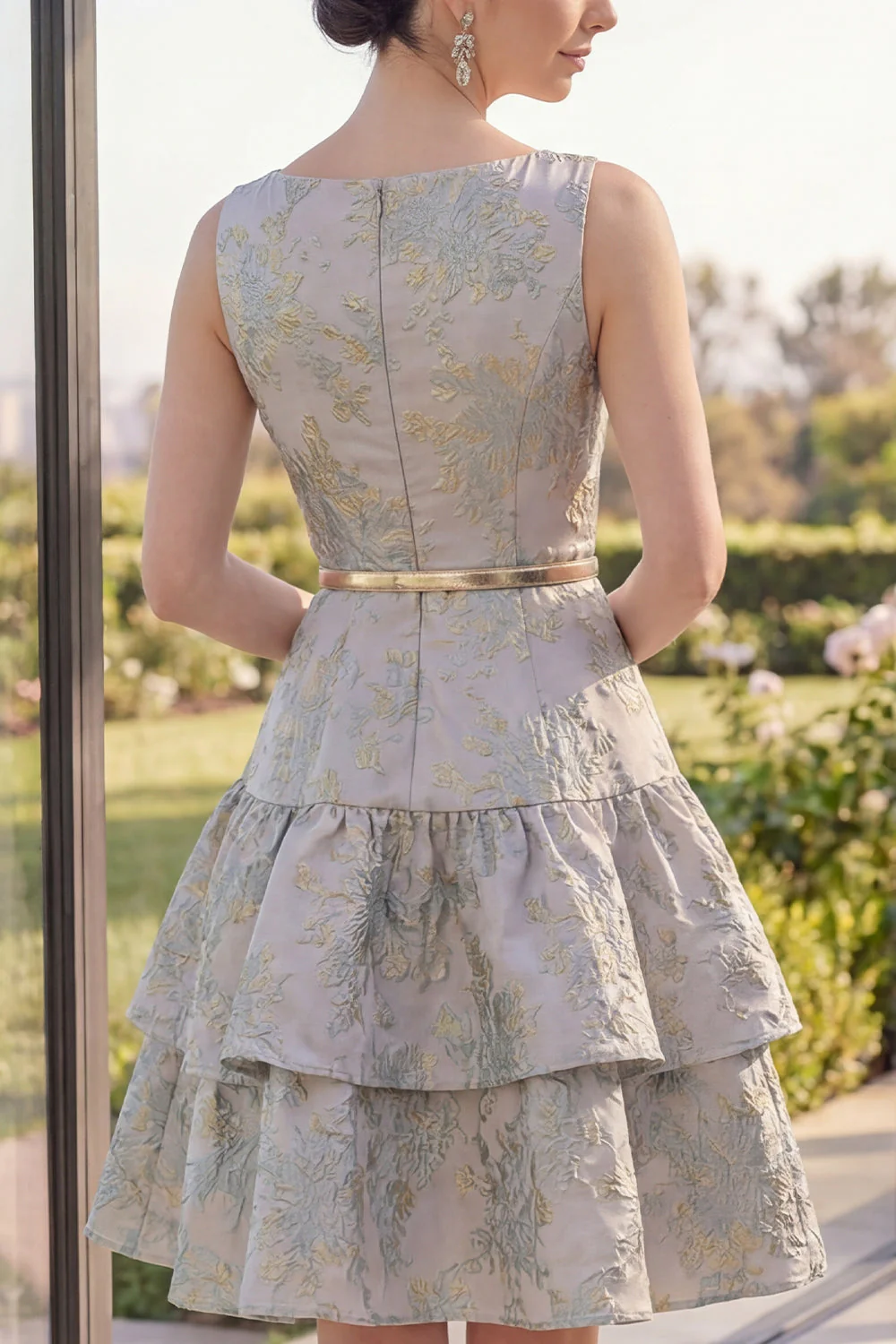 Robe fleurie midi Jacquard midi à décolleté A Bleu poussiéreux A Line avec ceinture - Image 4
