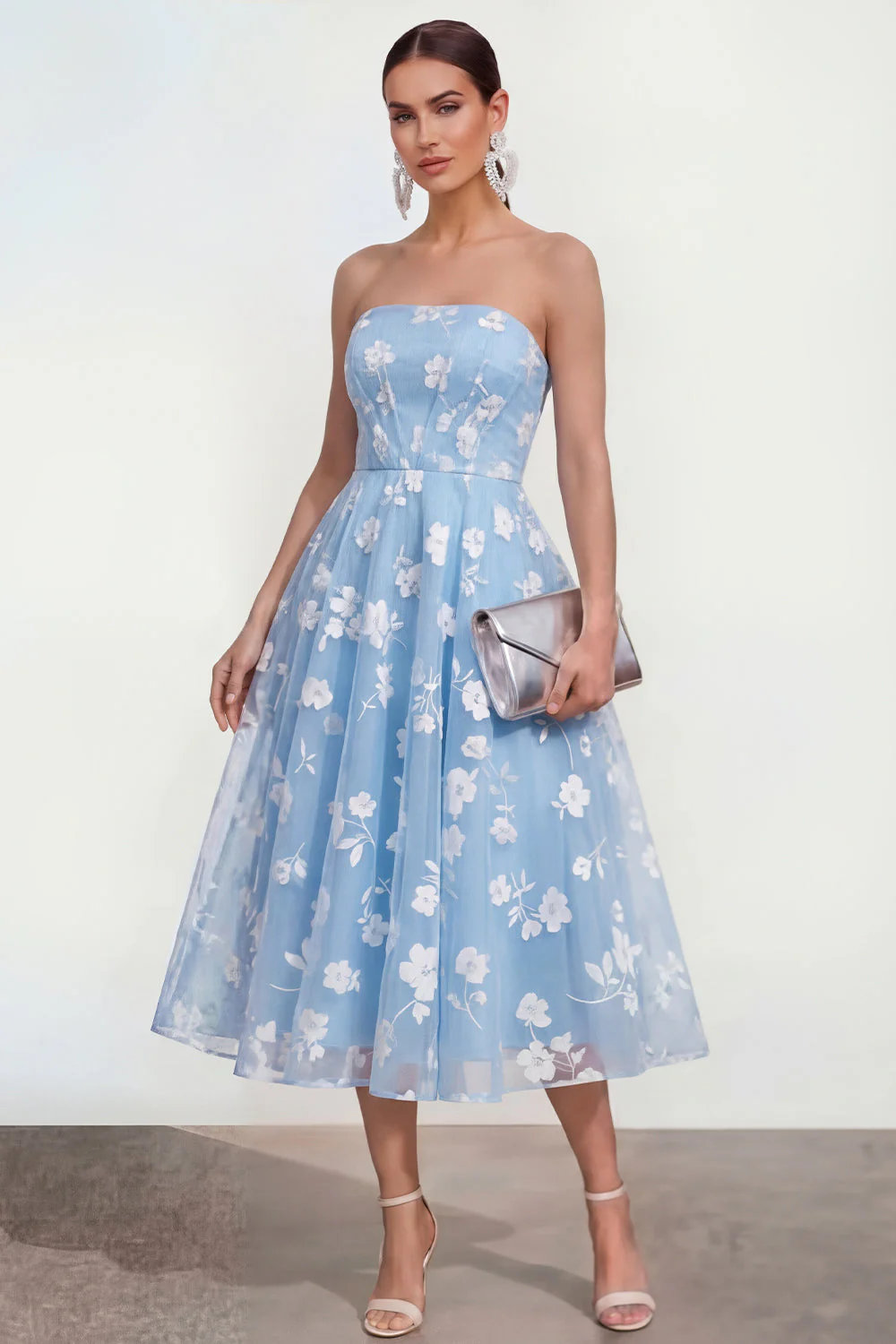 Robe fleurie midi lilas midi sans bretelles sans bretelles avec poches - Image 5