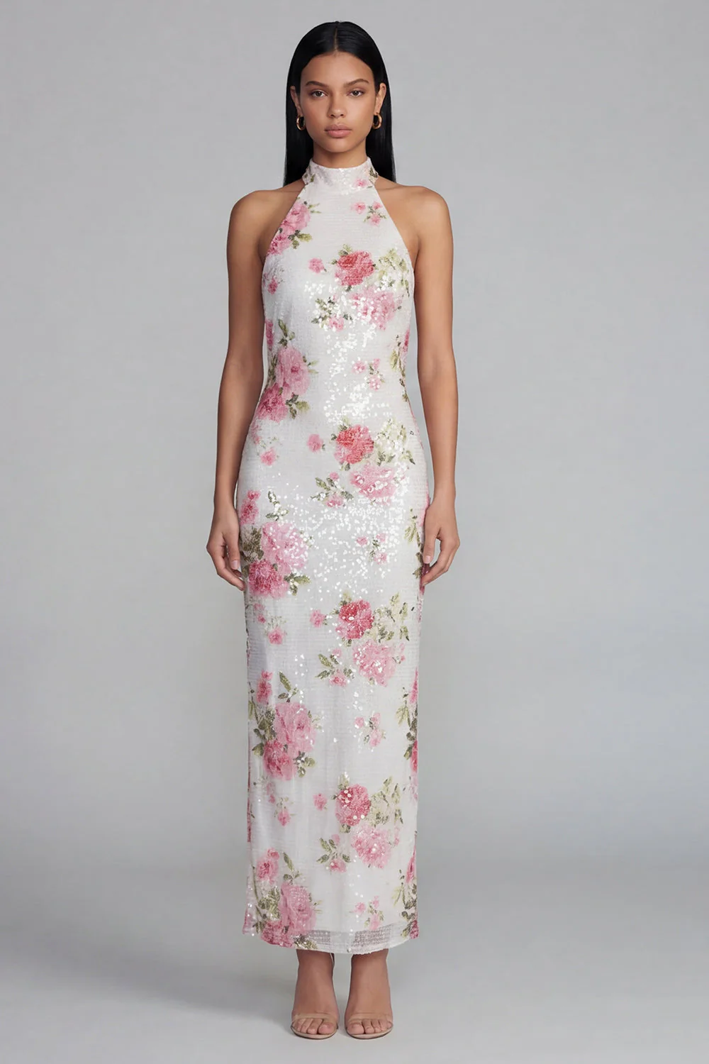 Robe fleurie moulante blanche rose scintillante à motifs floraux avec paillettes - Image 3
