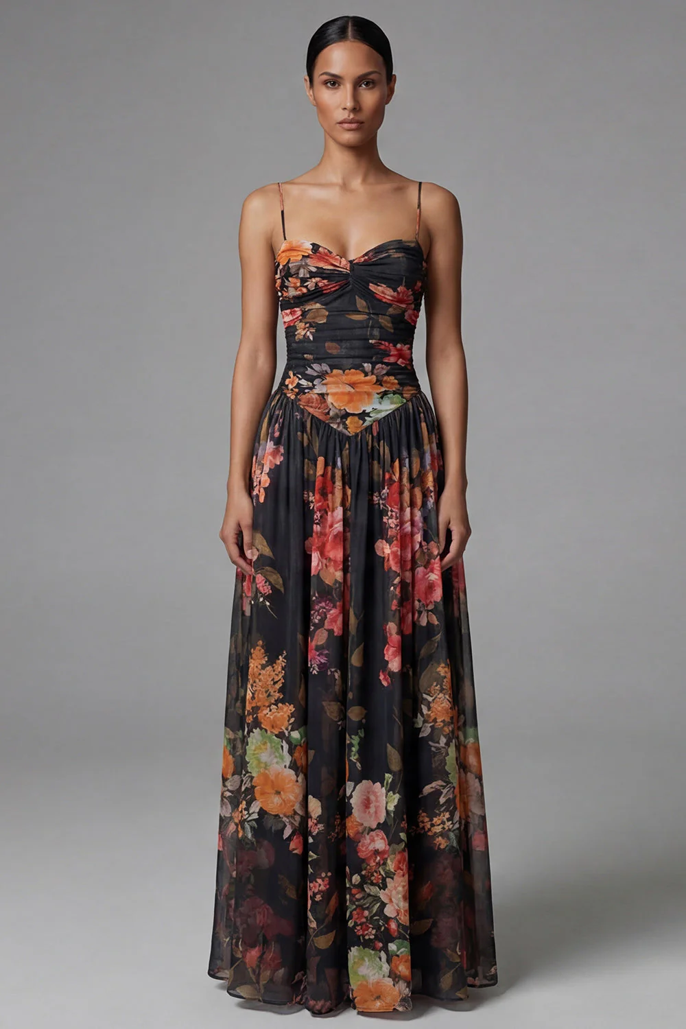 Robe fleurie noire à bretelles fines imprimées A Line