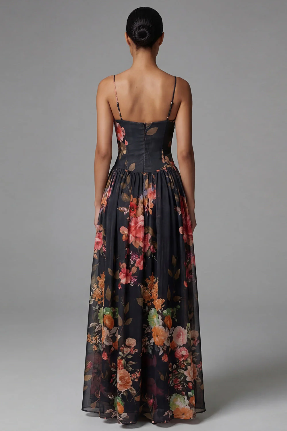 Robe fleurie noire à bretelles fines imprimées A Line - Image 2