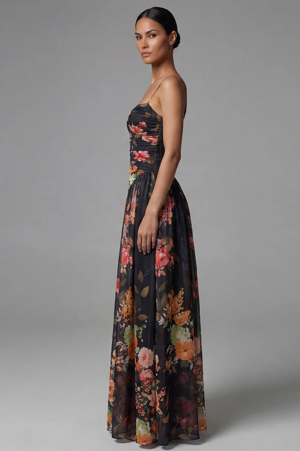 Robe fleurie noire à bretelles fines imprimées A Line - Image 3