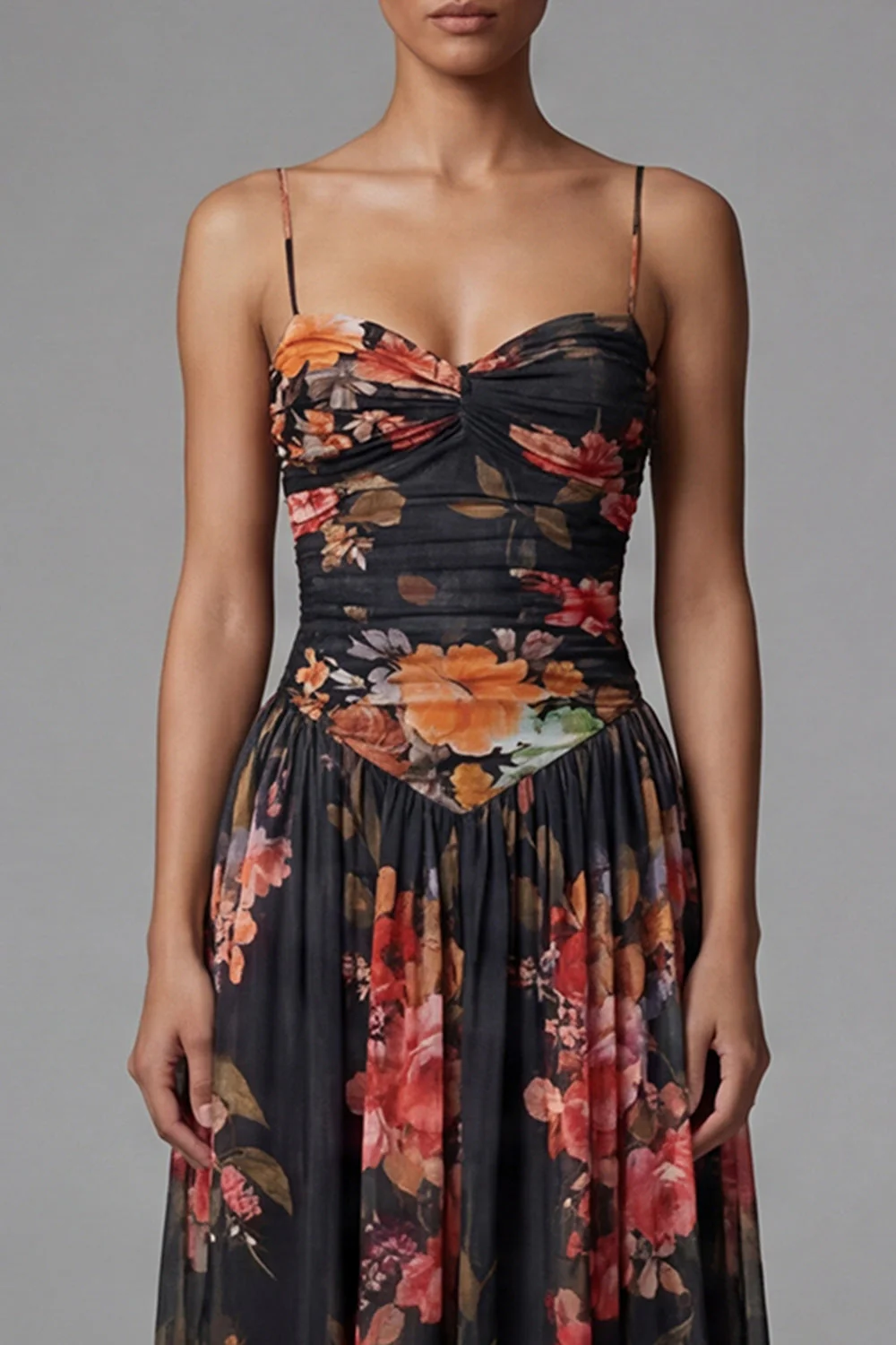 Robe fleurie noire à bretelles fines imprimées A Line - Image 4