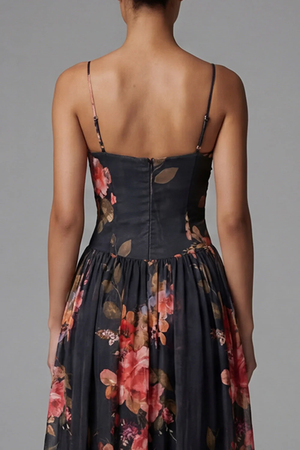 Robe fleurie noire à bretelles fines imprimées A Line - Image 5