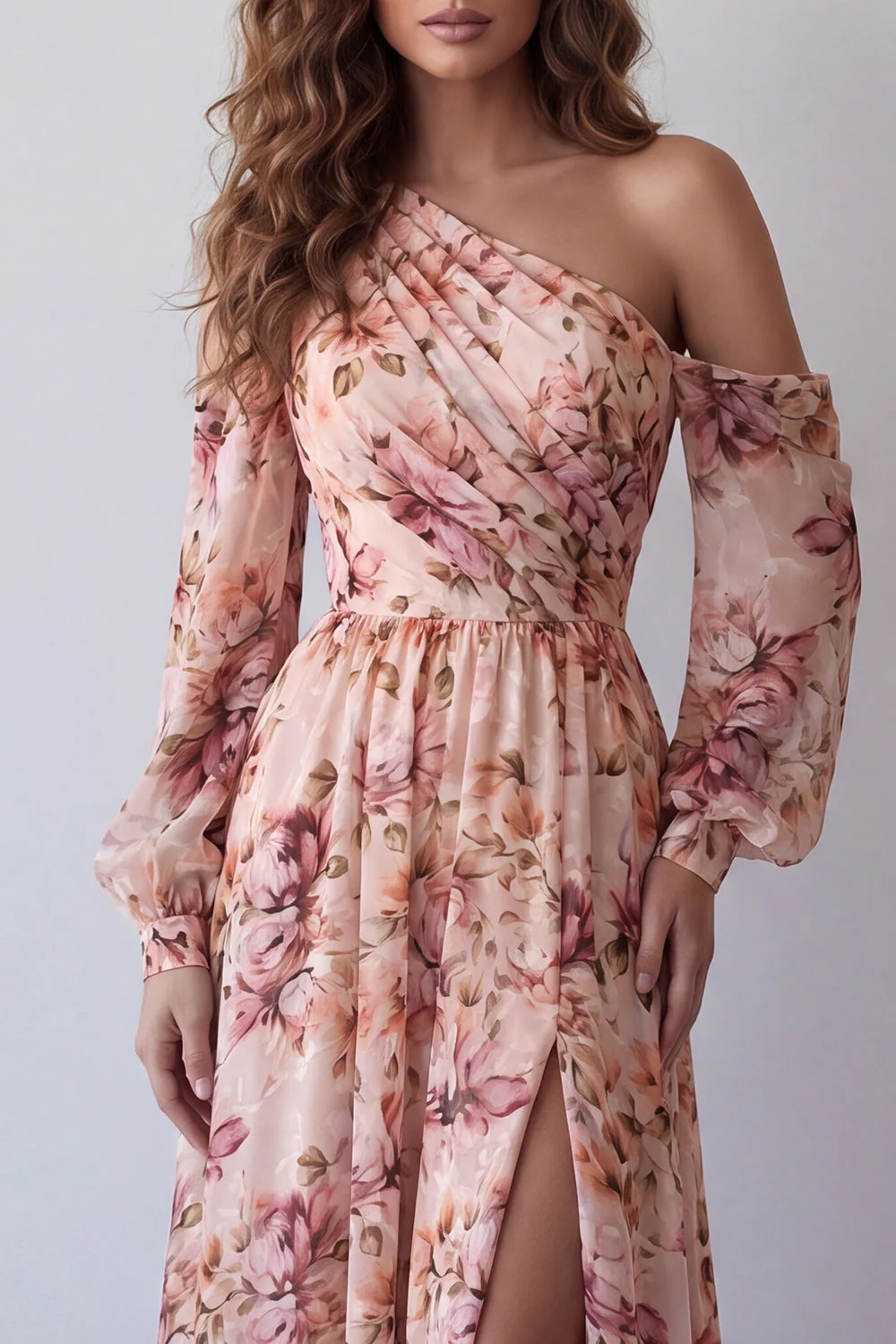 Robe fleurie rose à manches longues à manches longues à une épaule avec fente - Image 3