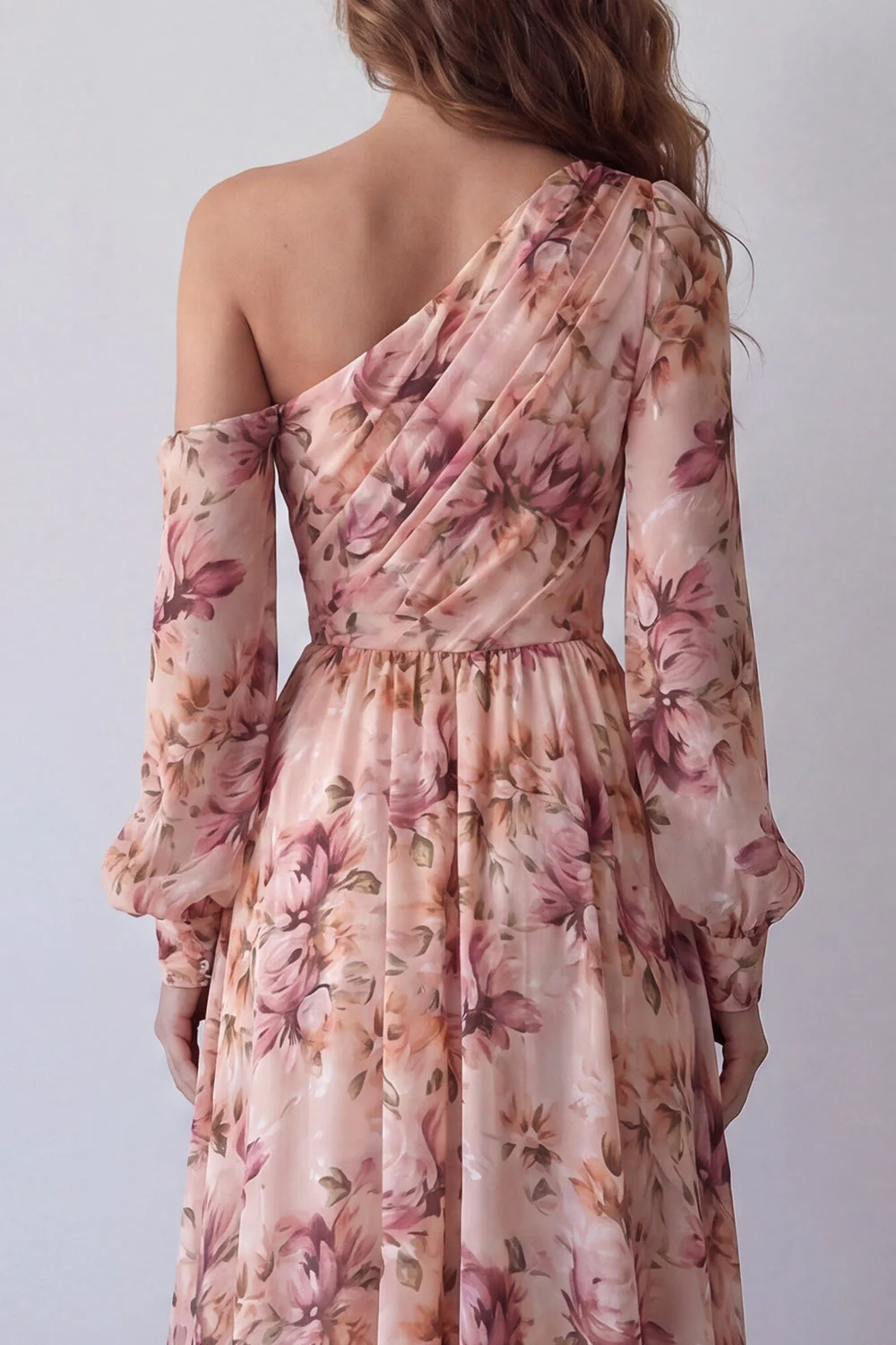 Robe fleurie rose à manches longues à manches longues à une épaule avec fente - Image 4