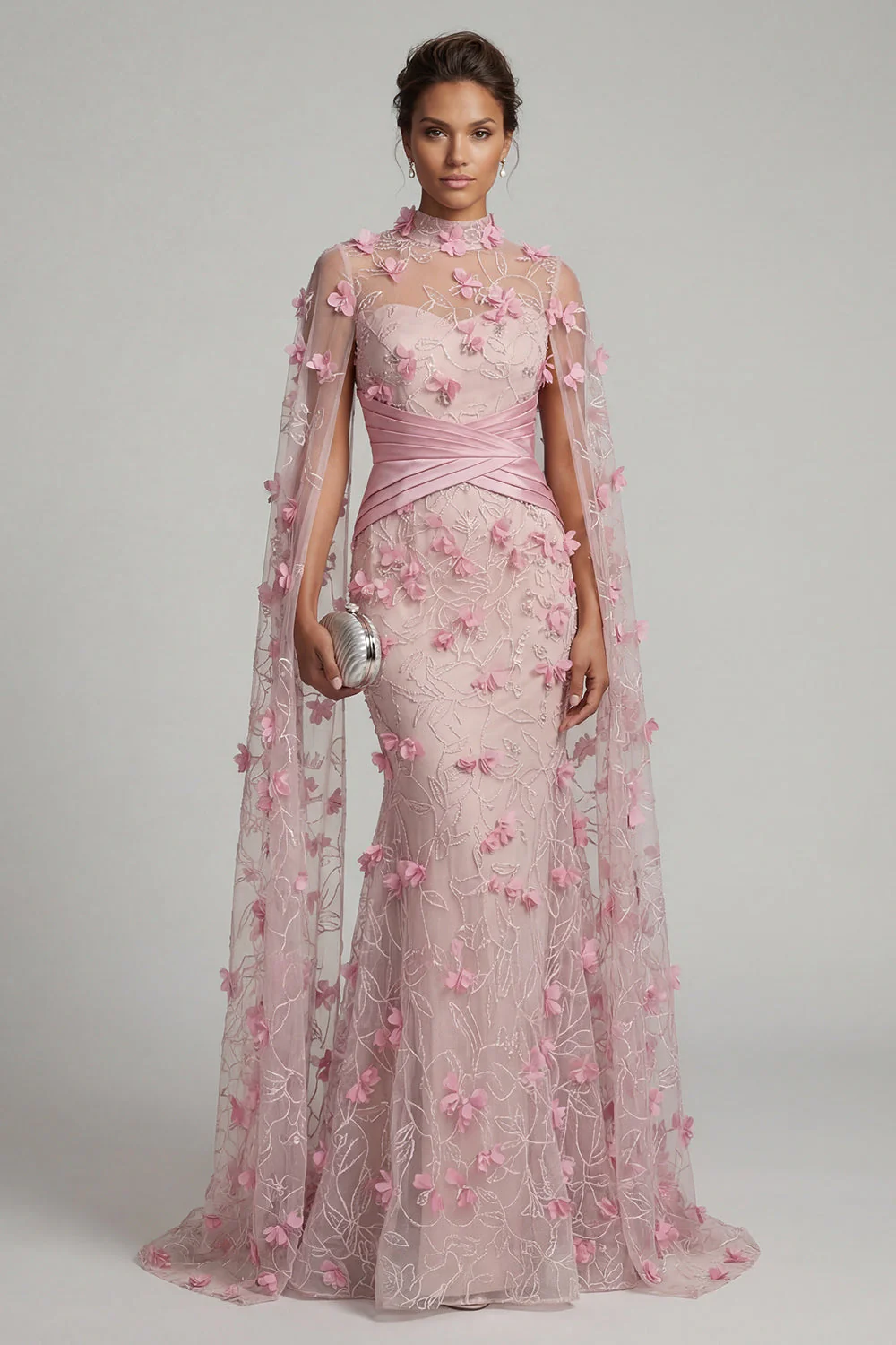 Robe fleurie sirène rose à col illusion avec manches cape