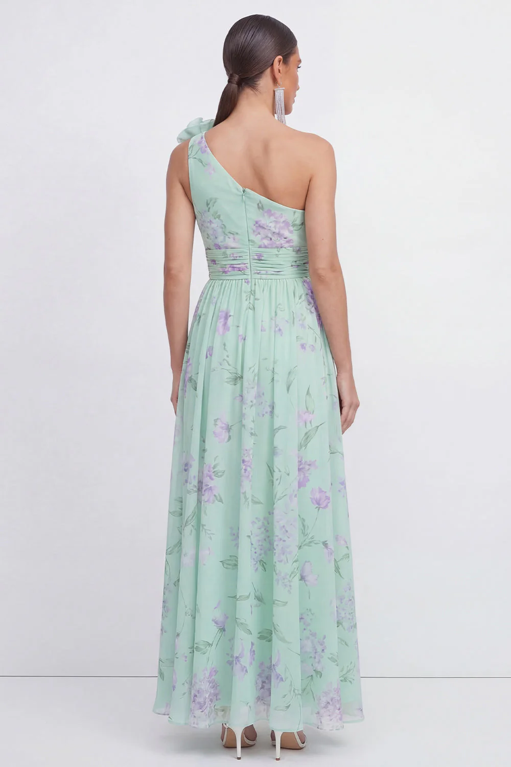 Robe fleurie verte en chiffon froncé à une épaule avec une fleur 3D - Image 2