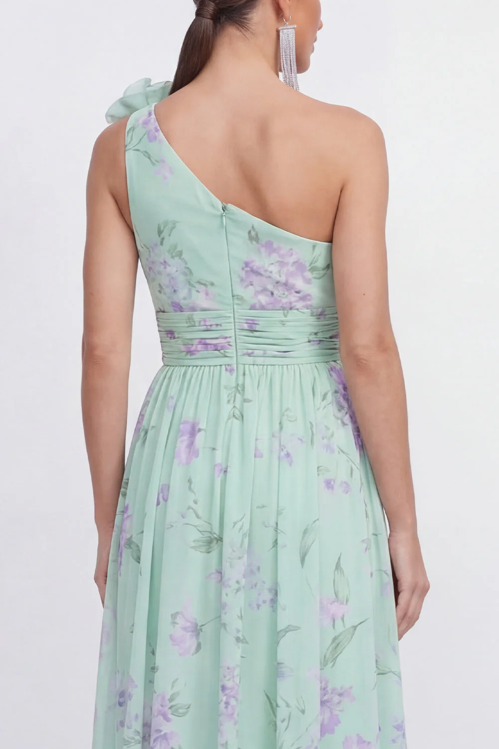 Robe fleurie verte en chiffon froncé à une épaule avec une fleur 3D - Image 4