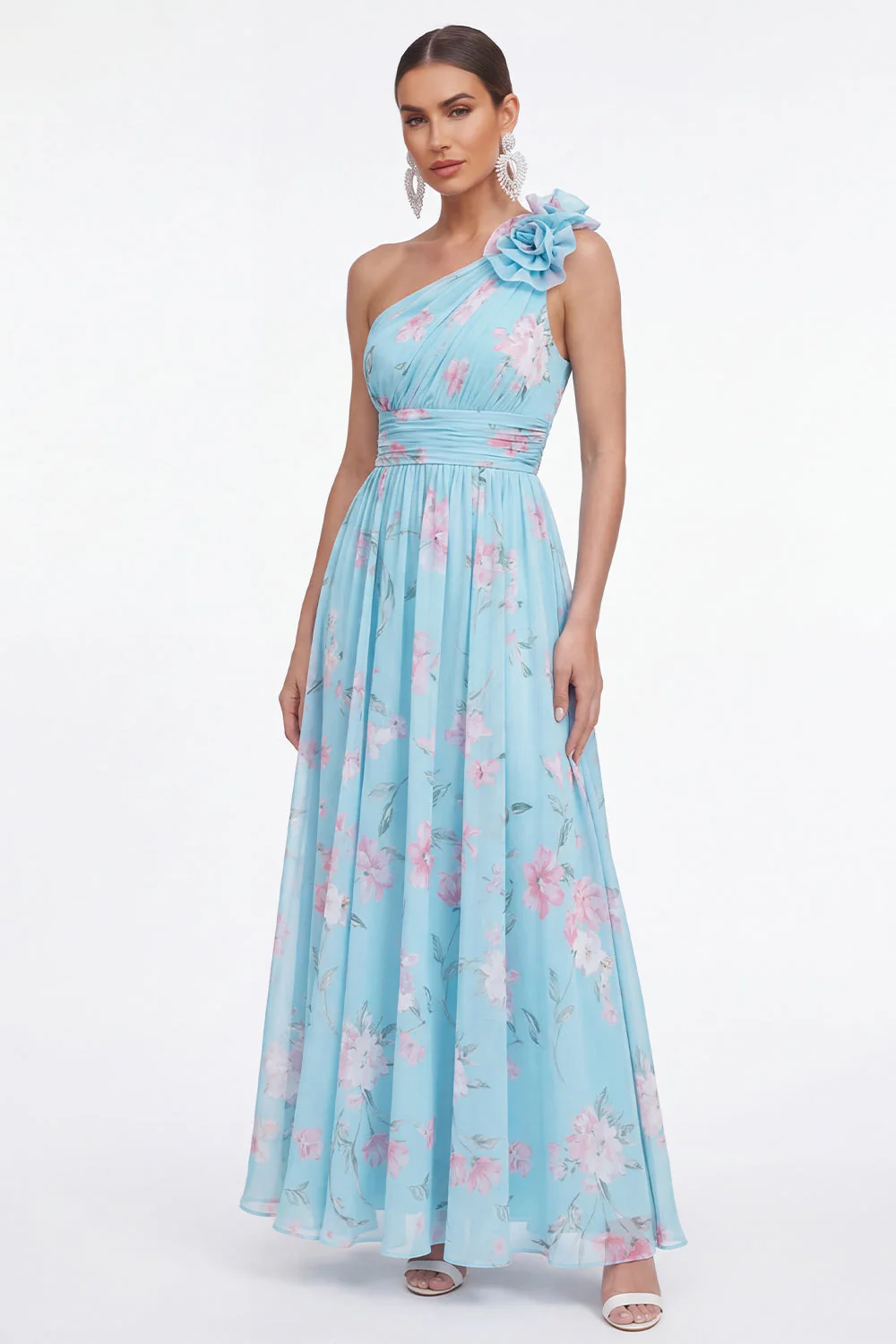 Robe fleurie verte en chiffon froncé à une épaule avec une fleur 3D - Image 5